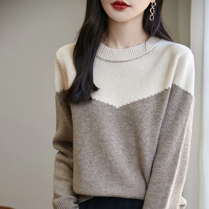 圆领套头毛衣宽松百搭拼色羊毛衫女针织打底羊毛上衣