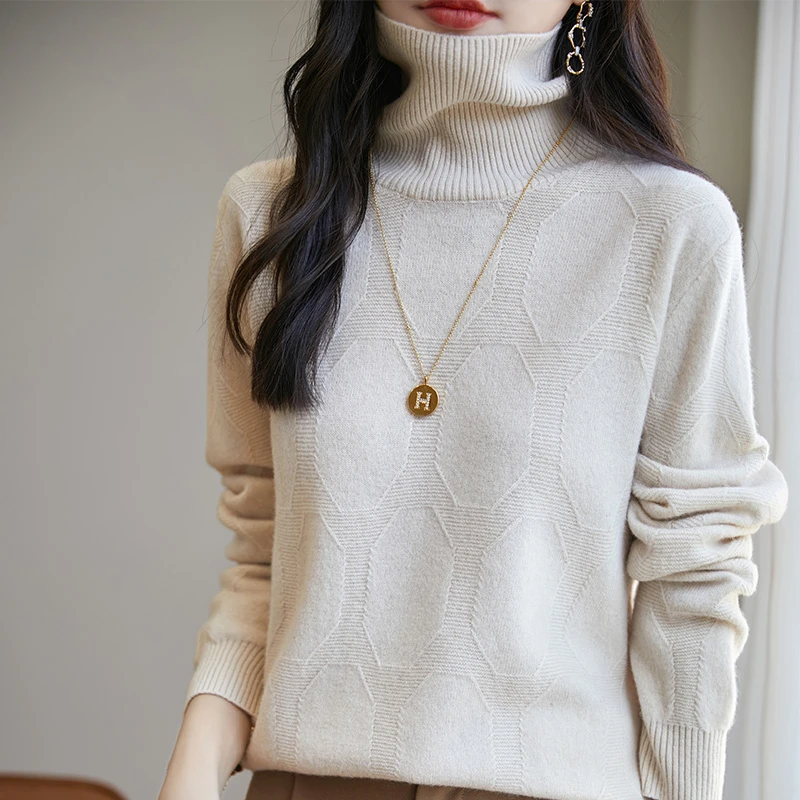 新款纯色羊毛衫女提花针织套头高翻领百搭打底毛衣宽松