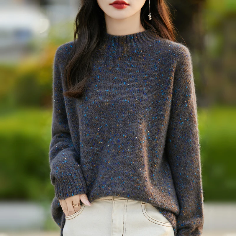 100%羊毛衫套头加厚珠片宽松毛衣女半高领羊毛针织打底衫