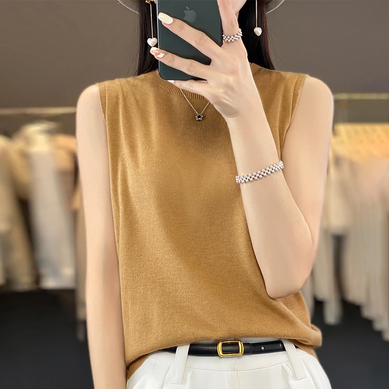 精选好原料 一线成衣 薄款纯色羊毛衫女圆领无袖宽松吊带背心套头