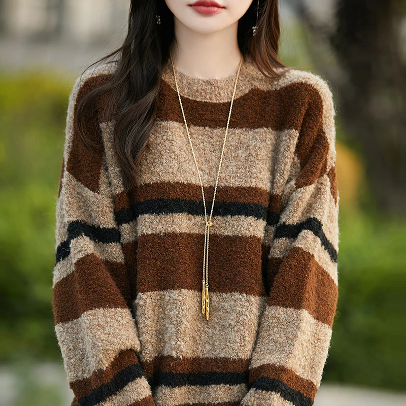 2024新款慵懒风宽松外穿针织衫条纹毛衣女秋冬加厚保暖上衣打底衫