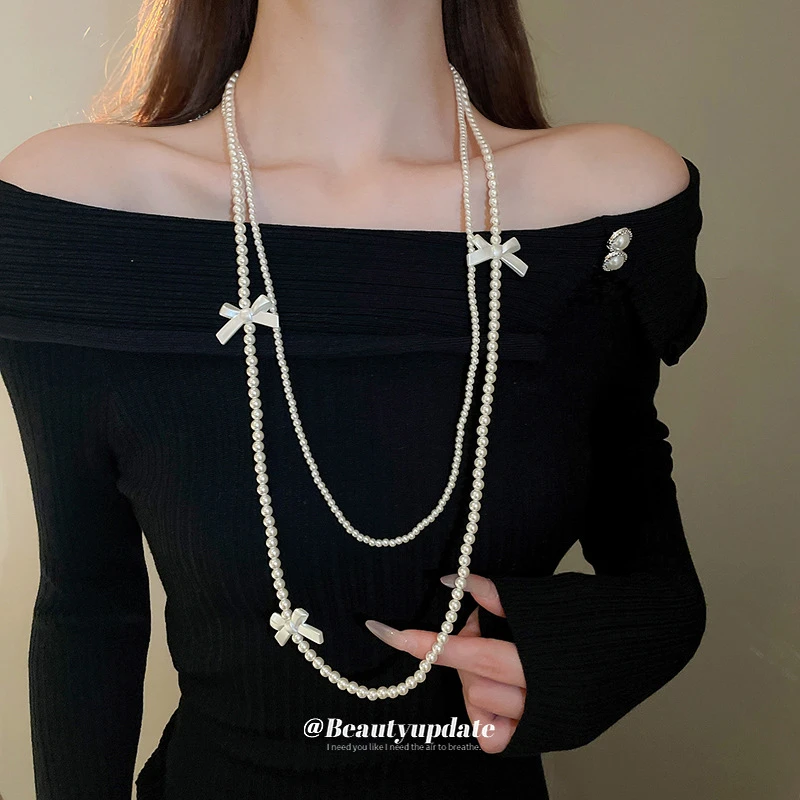 合金仿珍珠项链 小香风双层珠珠蝴蝶结项链法式仙女风锁骨链饰品