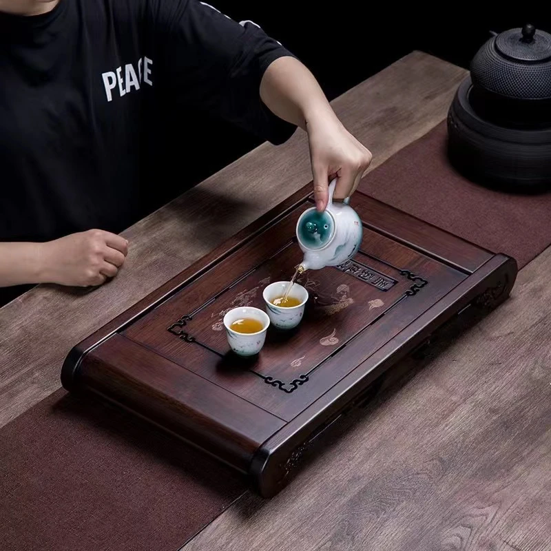 家用茶盘 竹制大号抽屉式储水排水茶台 休闲办公简约复古茶具托盘