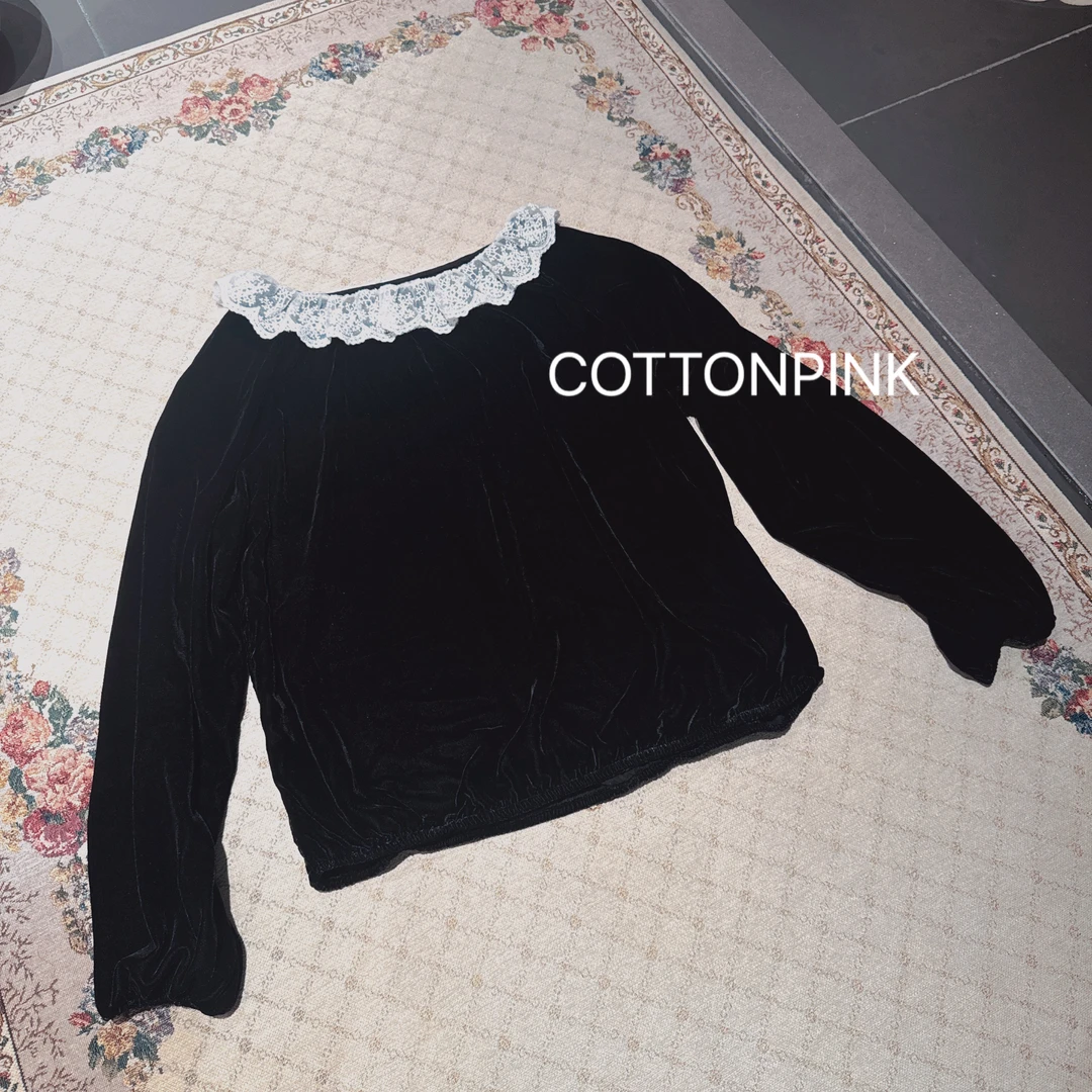 COTTONPINK女装设计师款丝绒蕾丝花边百搭减龄上衣女