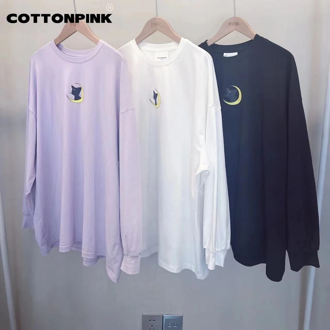 COTTONPINK女装月亮小猫长袖T恤百搭时尚上衣