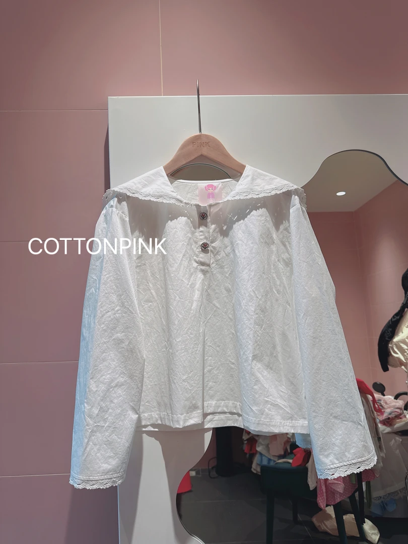 COTTONPINK女装设计师款海军领百搭长袖T恤衫女