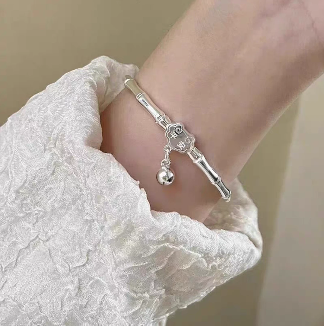 足银手镯 足银9999时尚气质竹节高升平安铃铛实心推拉手镯送女友