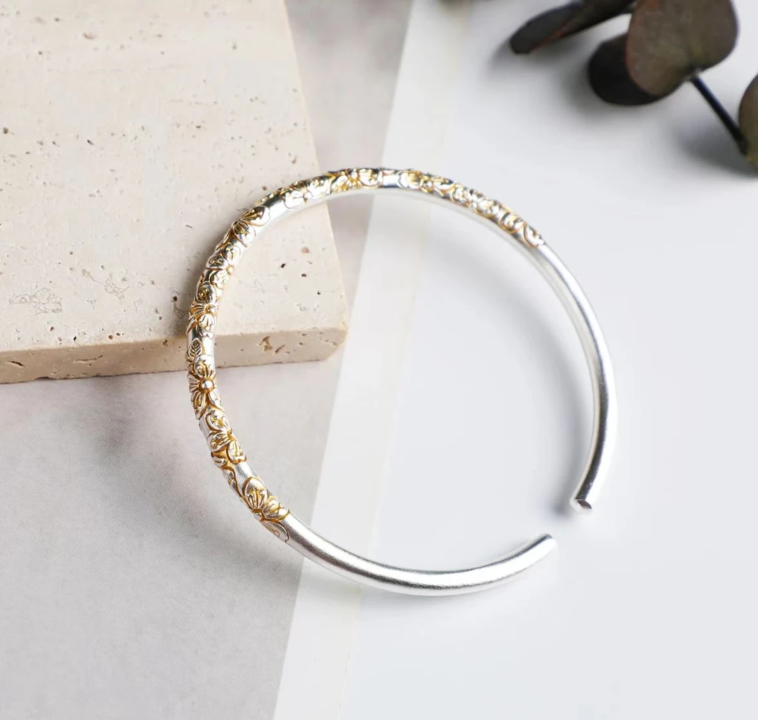 足银手镯 足银9999描金樱花浮雕轻奢花纹新中式简约送女友银手镯