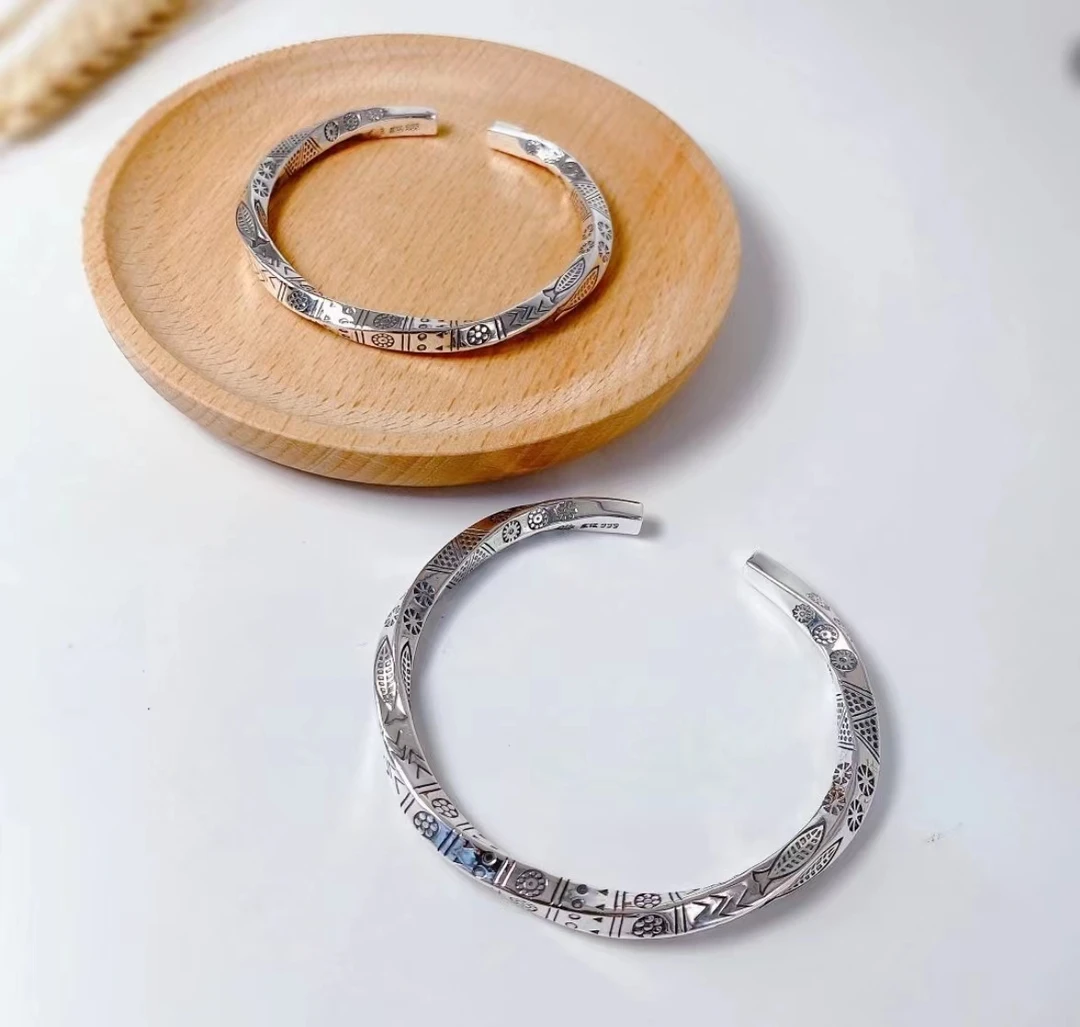 足银手镯 足银9999时尚情侣民族风扭纹莫比乌斯图腾开口实心手镯