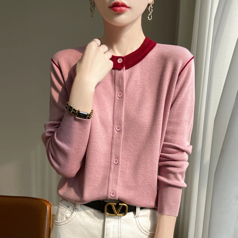 长袖针织衫春秋洋气百搭时尚圆领薄款打底外穿毛衣外套女