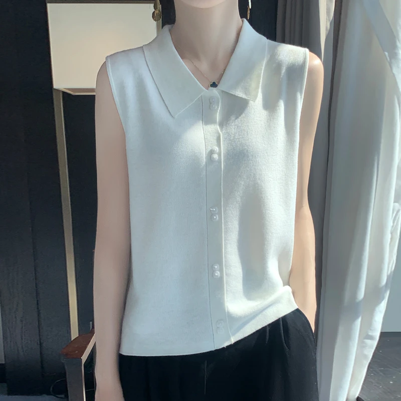 上衣设计感百搭外穿小众宽松纯色无袖polo无袖针织衫薄款翻领休闲