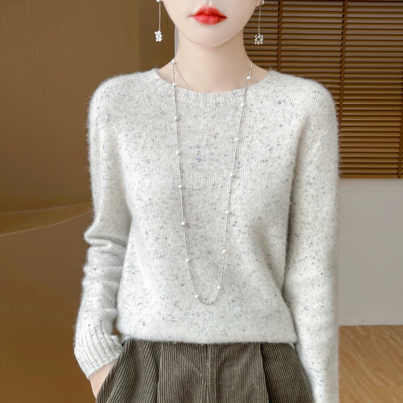 2024秋冬新款圆领羊毛点子纱套头女宽松慵懒毛衣外套针织百搭上衣