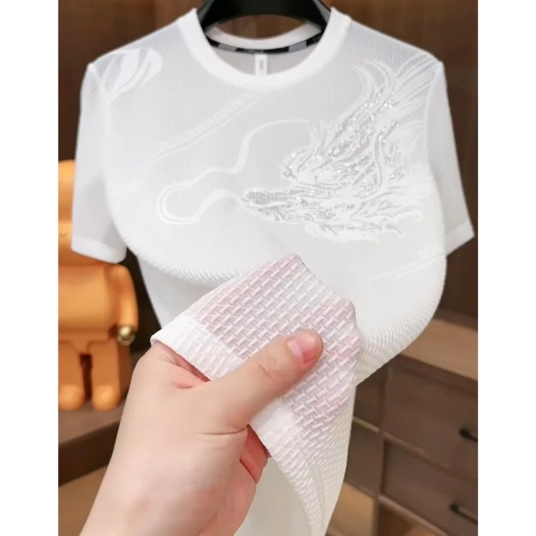 薄款网眼冰丝提花透气速干轻薄男半袖男士圆领大码时尚短袖T恤薄