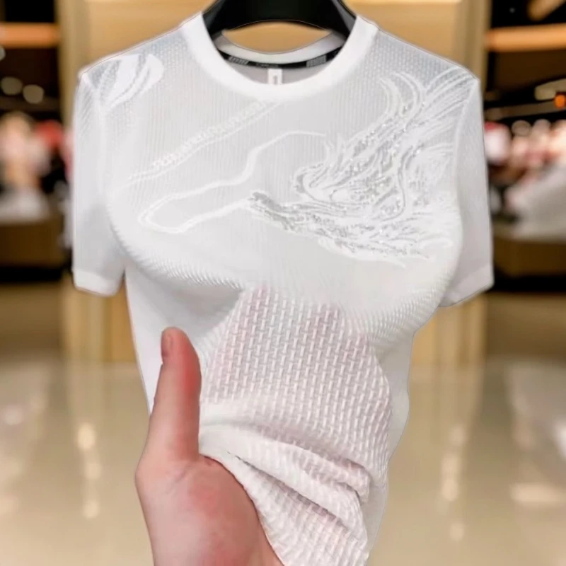 高端透气冰丝提花短袖t恤男圆领夏季网眼半袖男士大码薄款上衣服