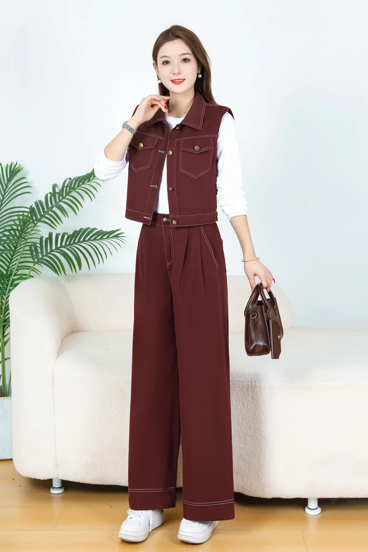 【时尚套装】秋季新款水洗时尚显瘦气质减龄安可拉红阔腿洋气套装