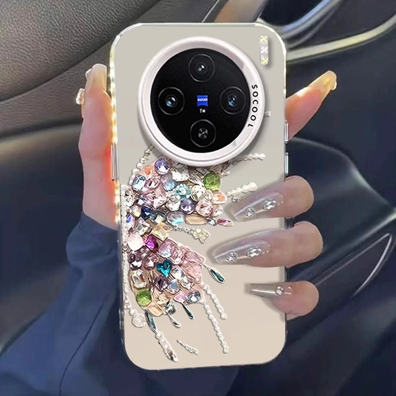 钻石蝴蝶适用vivox200手机壳创意x100ultra可爱保护壳x200彩银x90