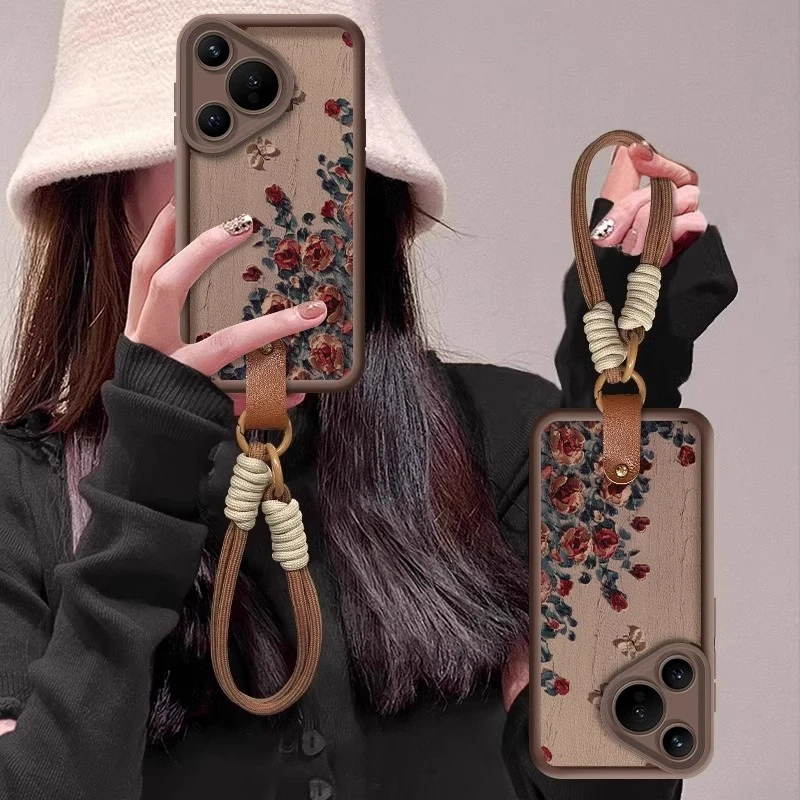 适用华为Pura70pro手机壳油画玫瑰p60pro复古保护壳70pro带挂绳