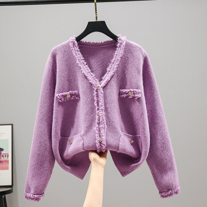 22015 小香风长袖纯色纽扣开衫毛衣女士百搭韩版宽松上衣针织外套