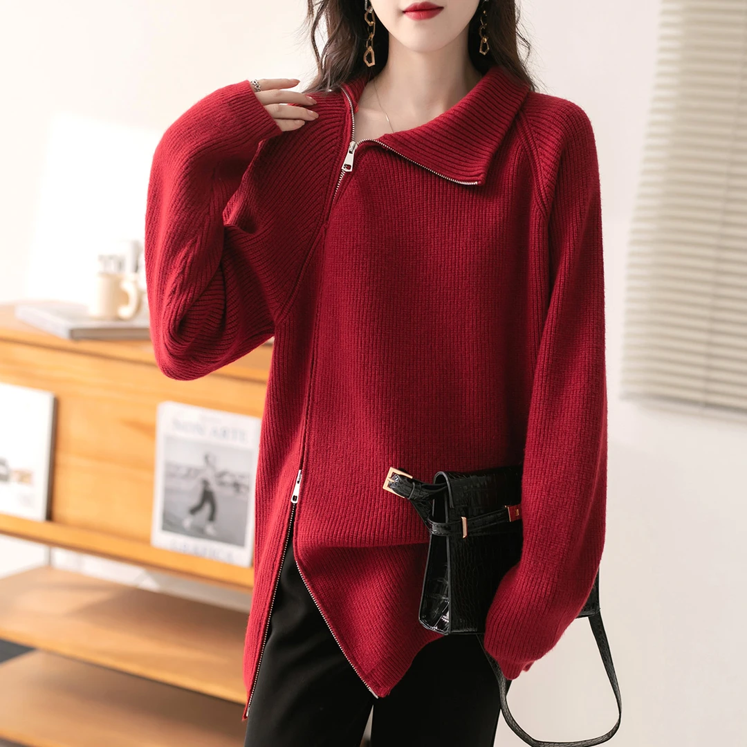 22128拉链纯色翻领针织衫毛衣百搭上衣秋冬毛衫打底衫外套开衫女