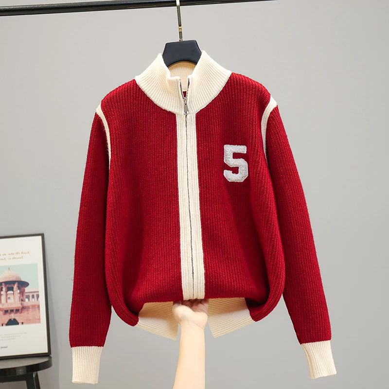 22135-红色拉链纯色翻领针织衫毛衣百搭上衣打底秋冬毛衫打底外套