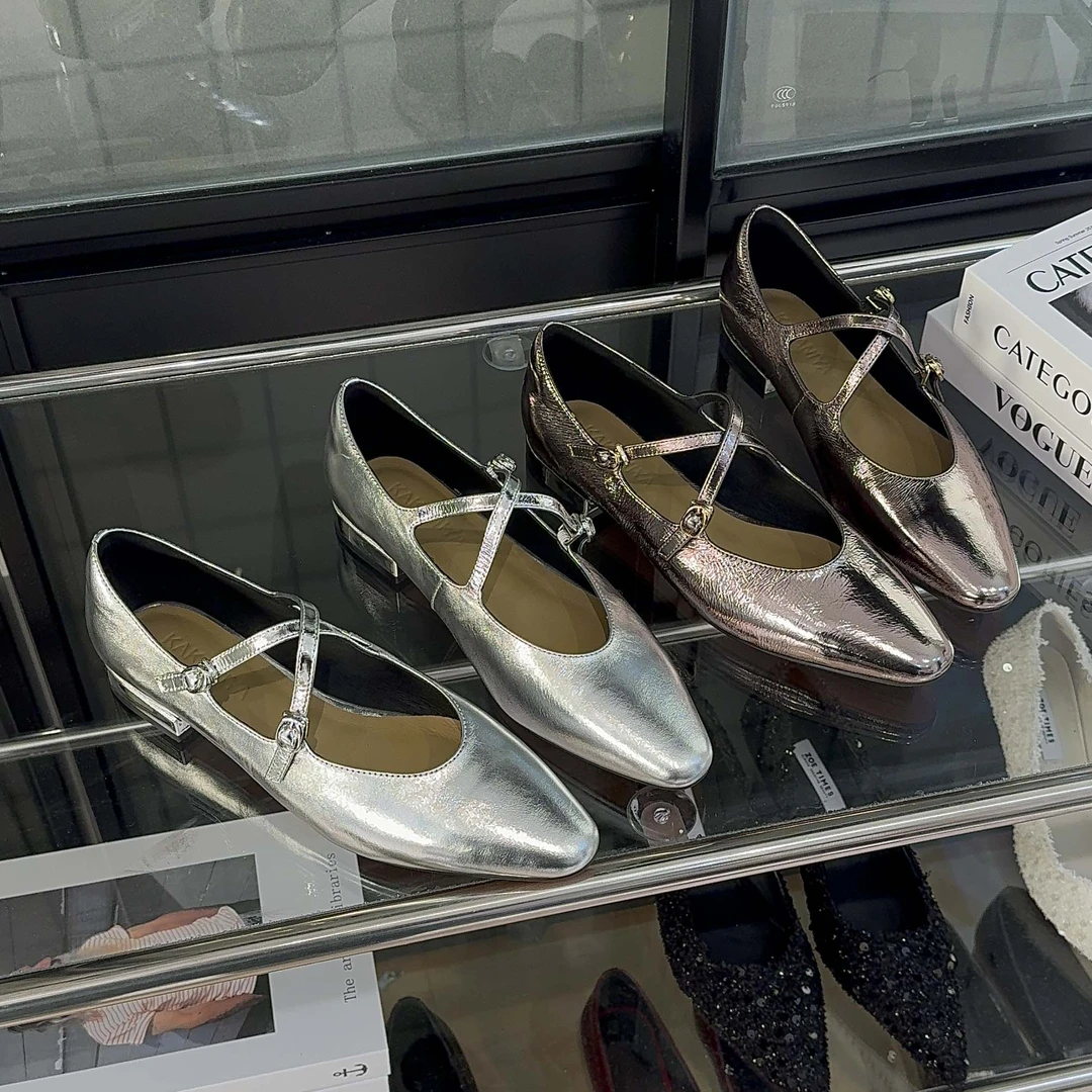 【牛皮】女士气质银色玛丽珍鞋女浅口时尚百搭跟鞋圆头平底鞋女