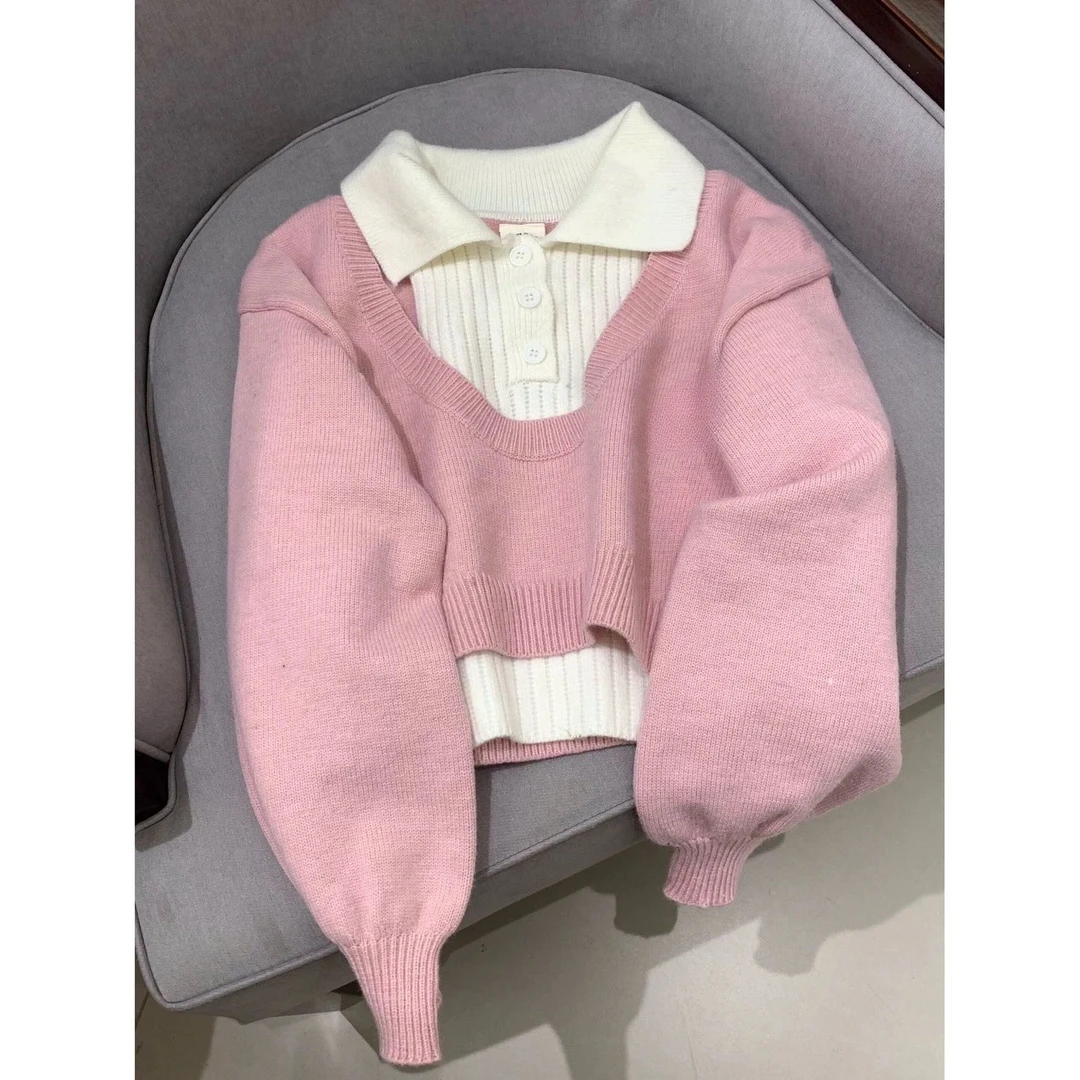 2024早秋新套装韩系穿搭学院风两件套针织衫polo领上衣毛衣慵懒风