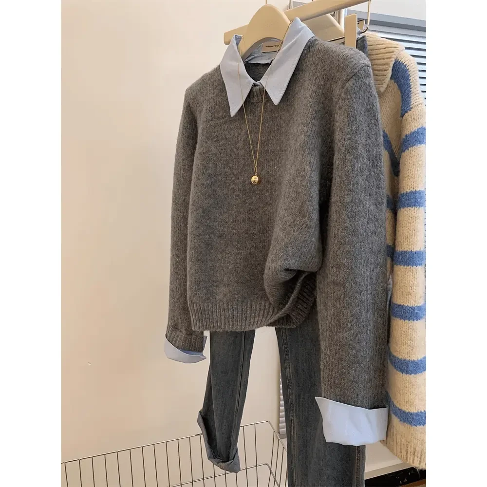 灰色假两件polo搭毛衣女春秋慵懒风韩系宽松长袖针织衫短款上衣