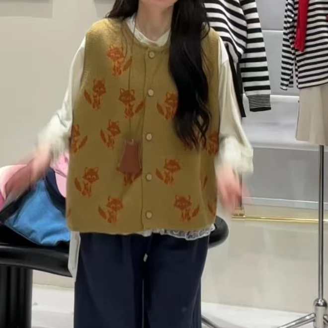 印花无袖毛衣开衫