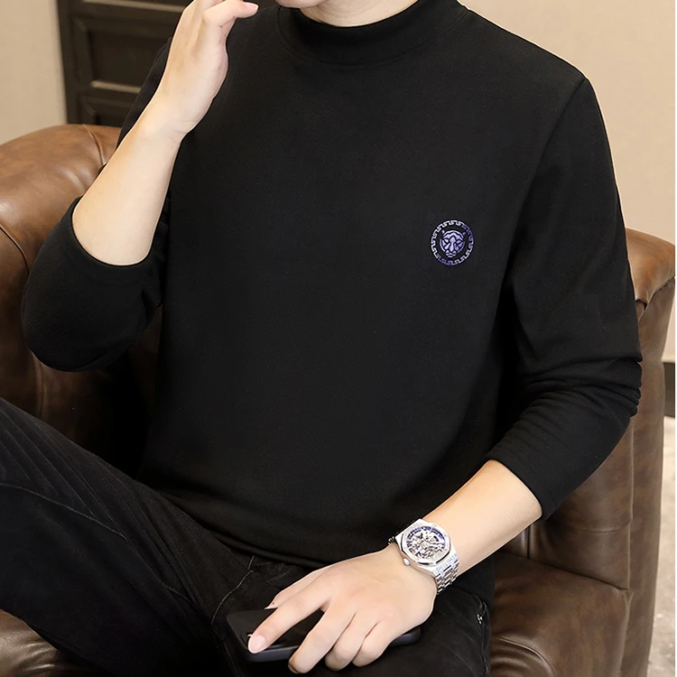 秋冬圆领纯色男士长袖加绒保暖半高领打底衫