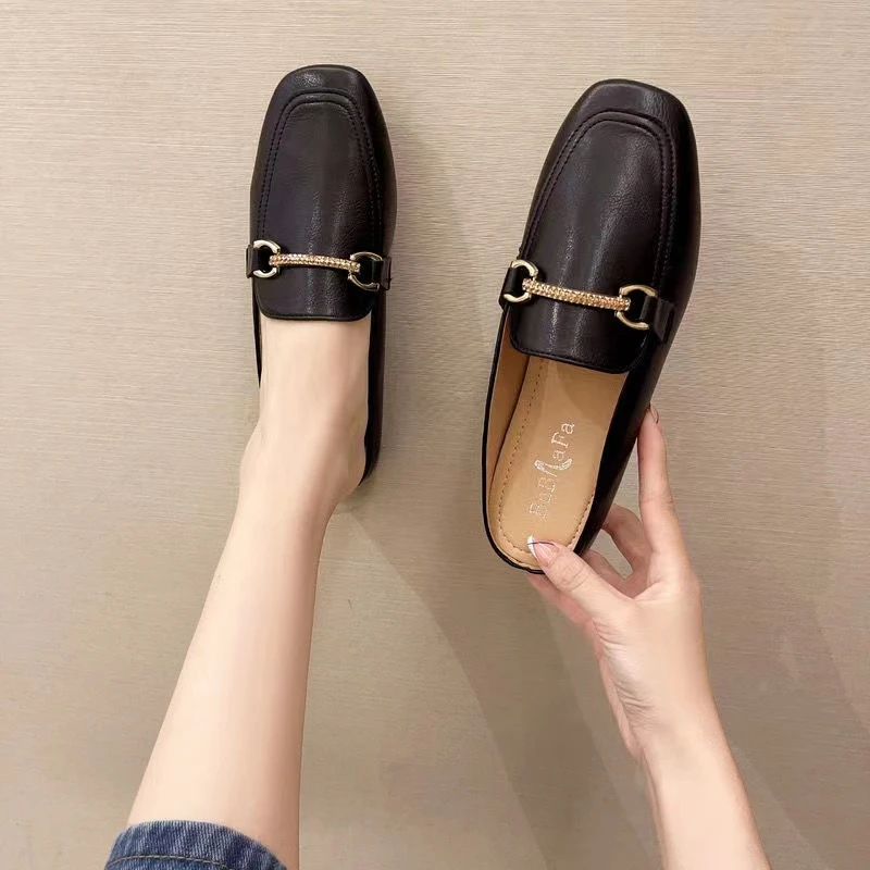 包头拖小皮鞋女乐福鞋女2023新款一脚蹬平底简约复古英伦风粗跟