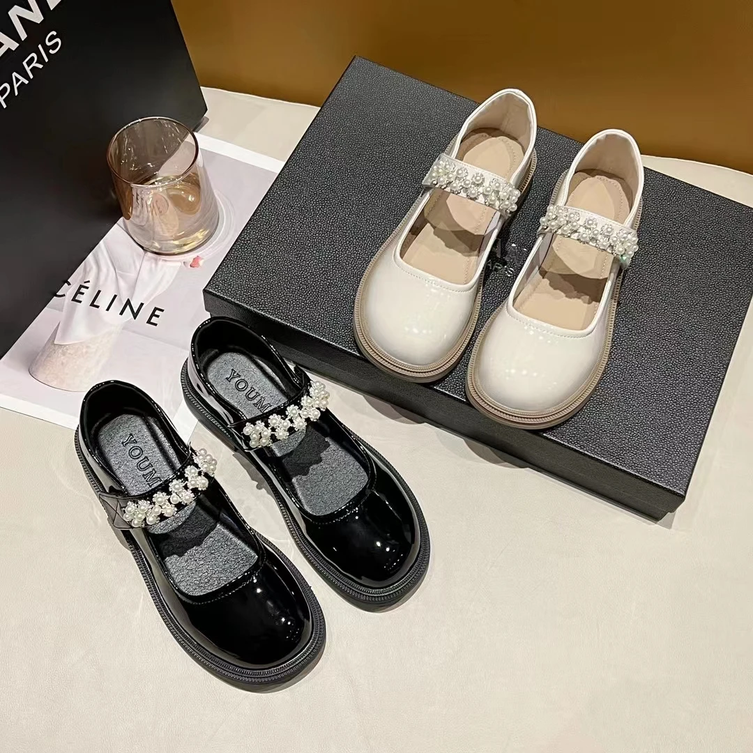 玛丽珍小皮鞋女2023新款珍珠漆皮英伦风厚底休闲百搭法式乐福单鞋