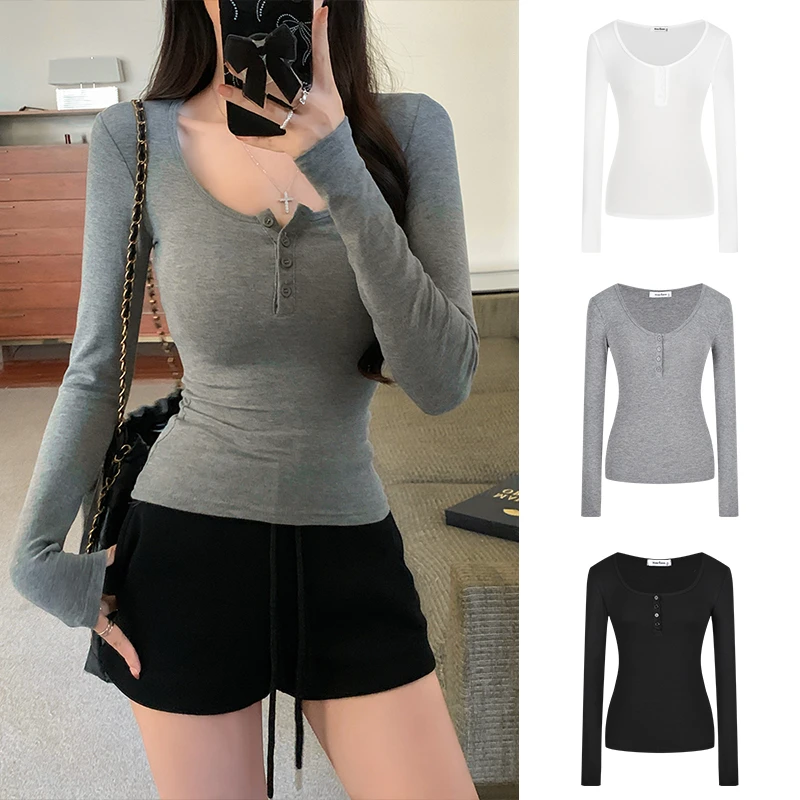 Moses Queen/魔西女王大U领半开领长袖T恤掐腰显瘦正肩打底上衣