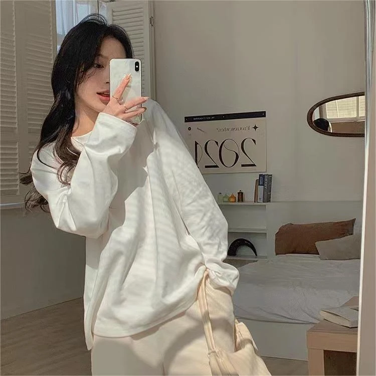 Moses Queen/魔西女王220G重磅精梳棉早秋慵懒风打底衫百搭长袖