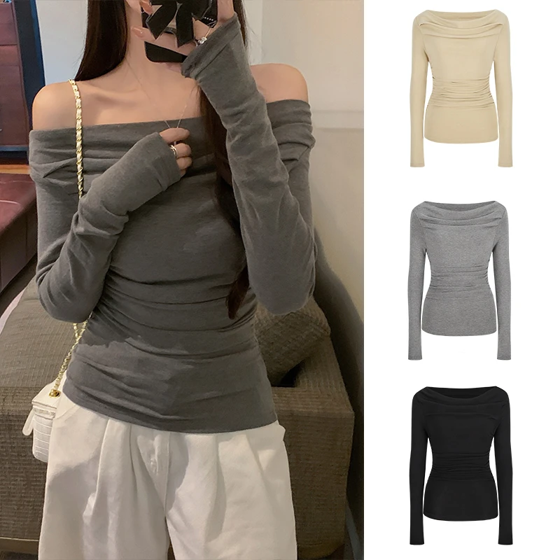 Moses Queen/魔西女王美拉德荡领抽褶设计感长袖T恤掐腰打底上衣