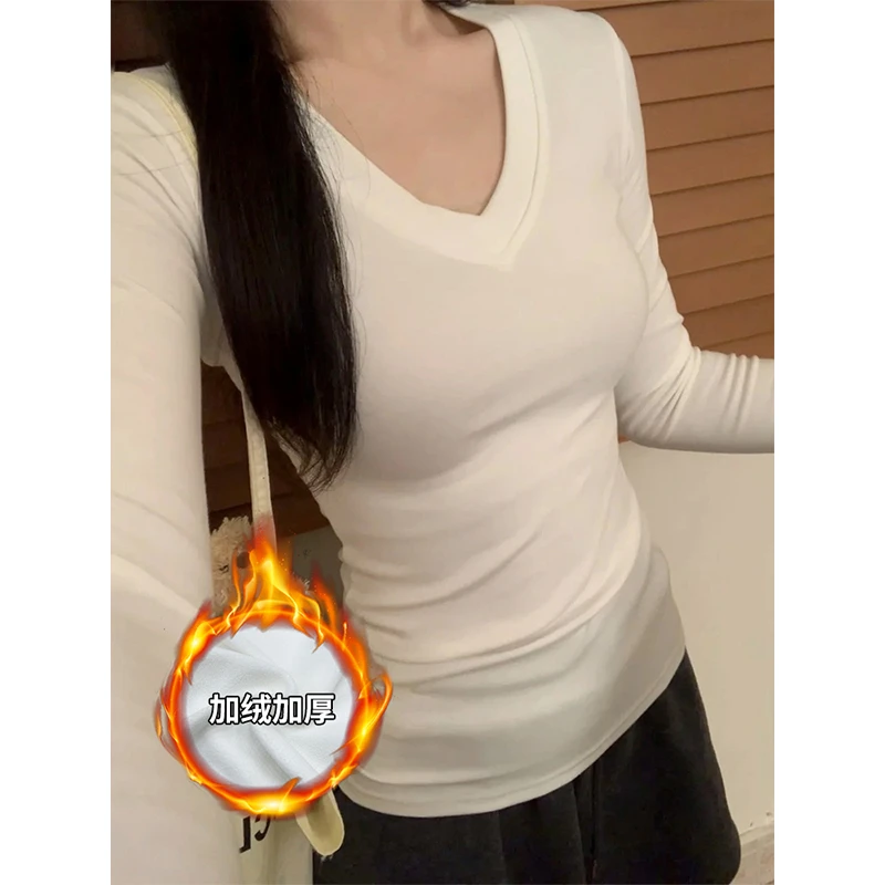 Moses Queen/魔西女王一体绒正肩V领T恤打底衫显瘦掐腰长袖上衣