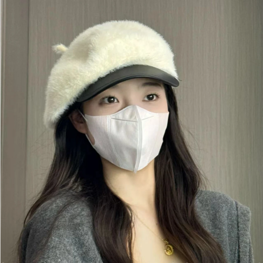毛绒贝雷帽女2024新款秋冬显脸小韩系纯色八角帽日系画家帽百搭潮