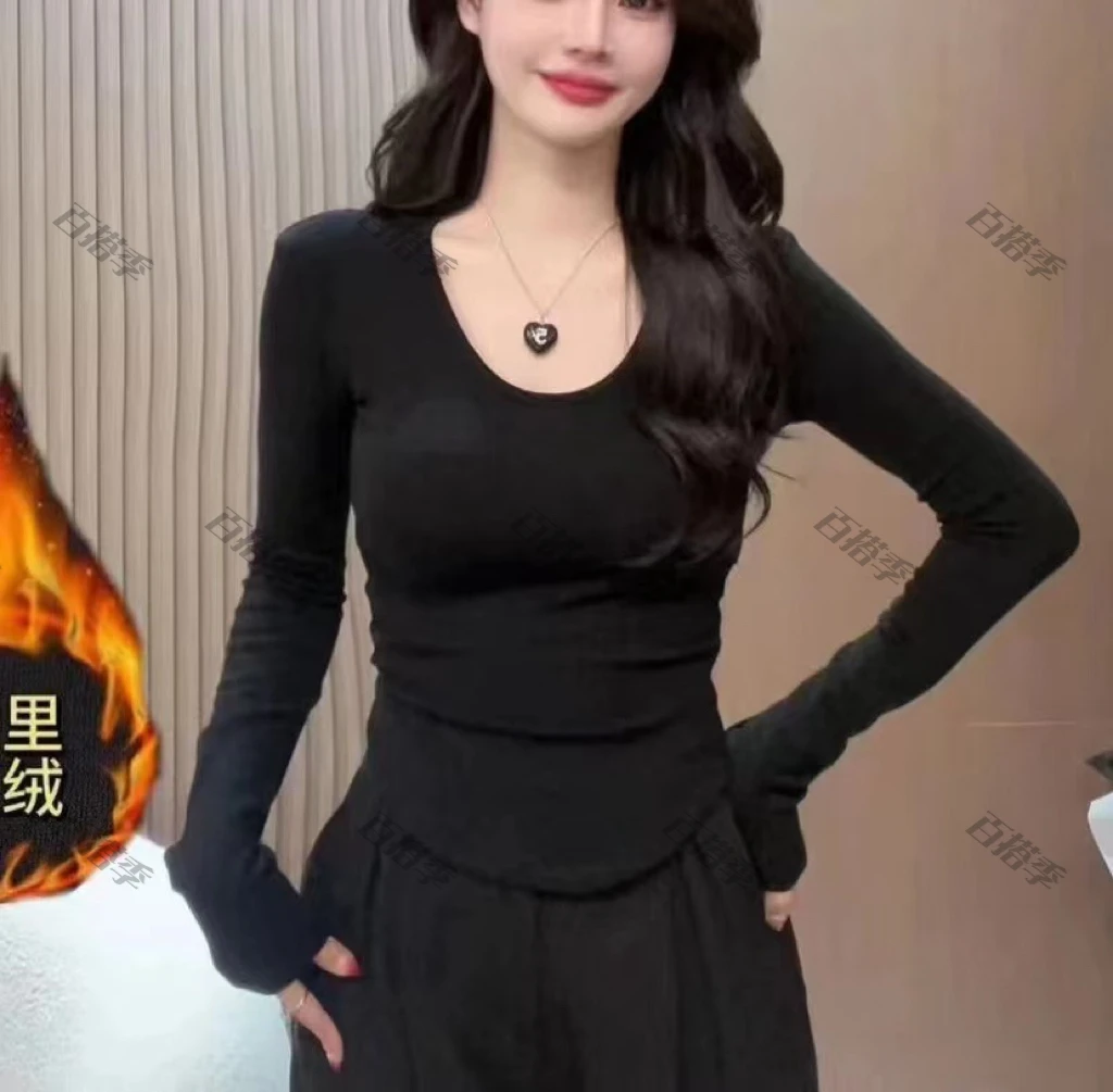 工厂店-秋冬款加绒显瘦u型上衣洋气秋冬打底衫长袖内搭t恤带垫肩