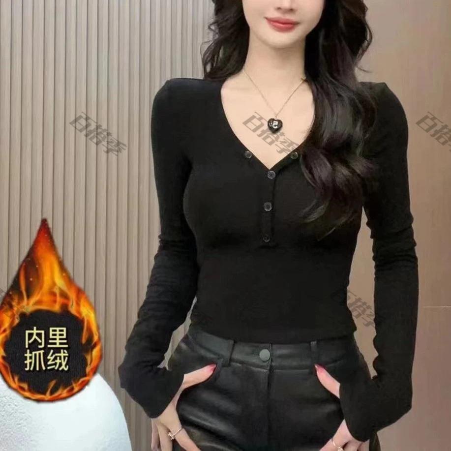 工厂店-秋冬款抓绒显瘦长袖内搭百搭t恤带垫肩上衣加绒u型打底衫