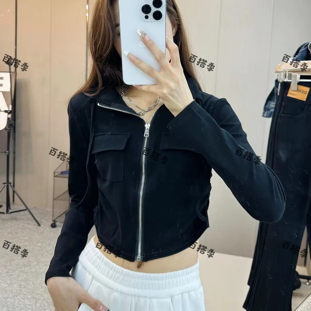 工厂店-早秋款网红修身韩版气质抽绳百搭T恤设计感双拉链开衫上衣