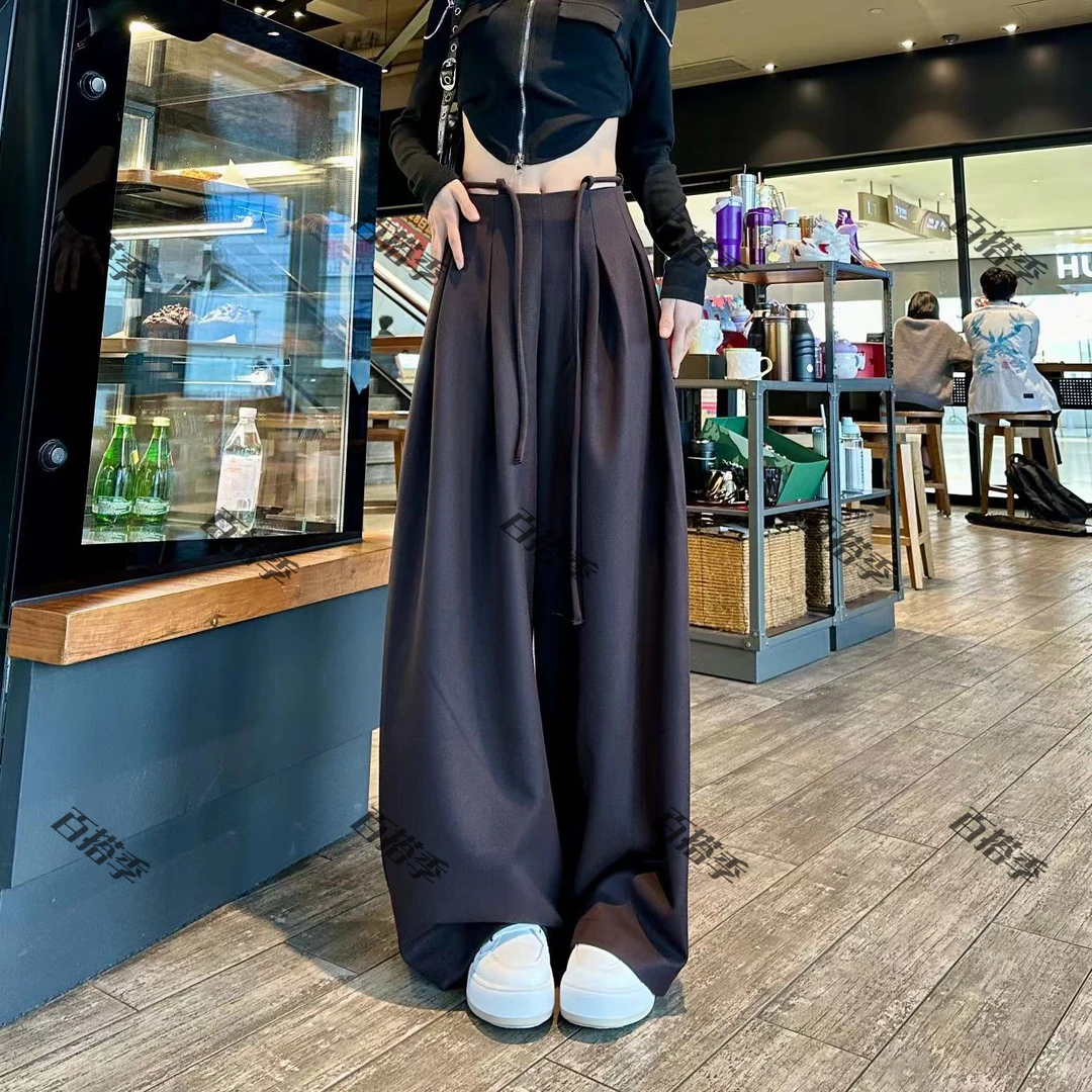 工厂店-早春新款A字裙裤宽松纯色阔腿裤拖地裤绑带垂感休闲裤韩版