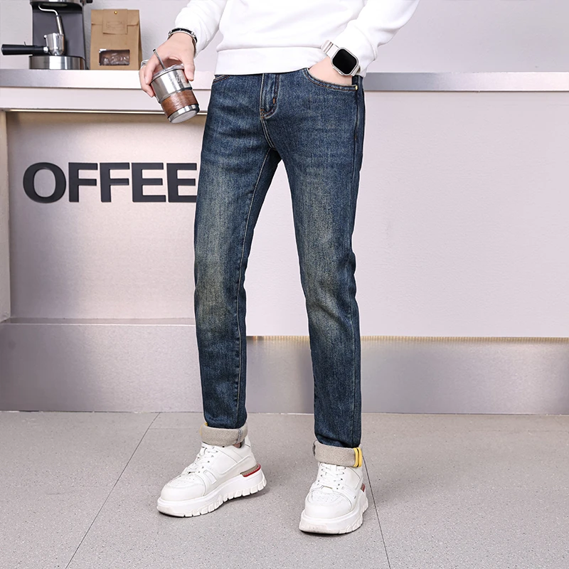 【1高端欧货】春秋抓绒高端时尚潮流修身弹力男士牛仔裤