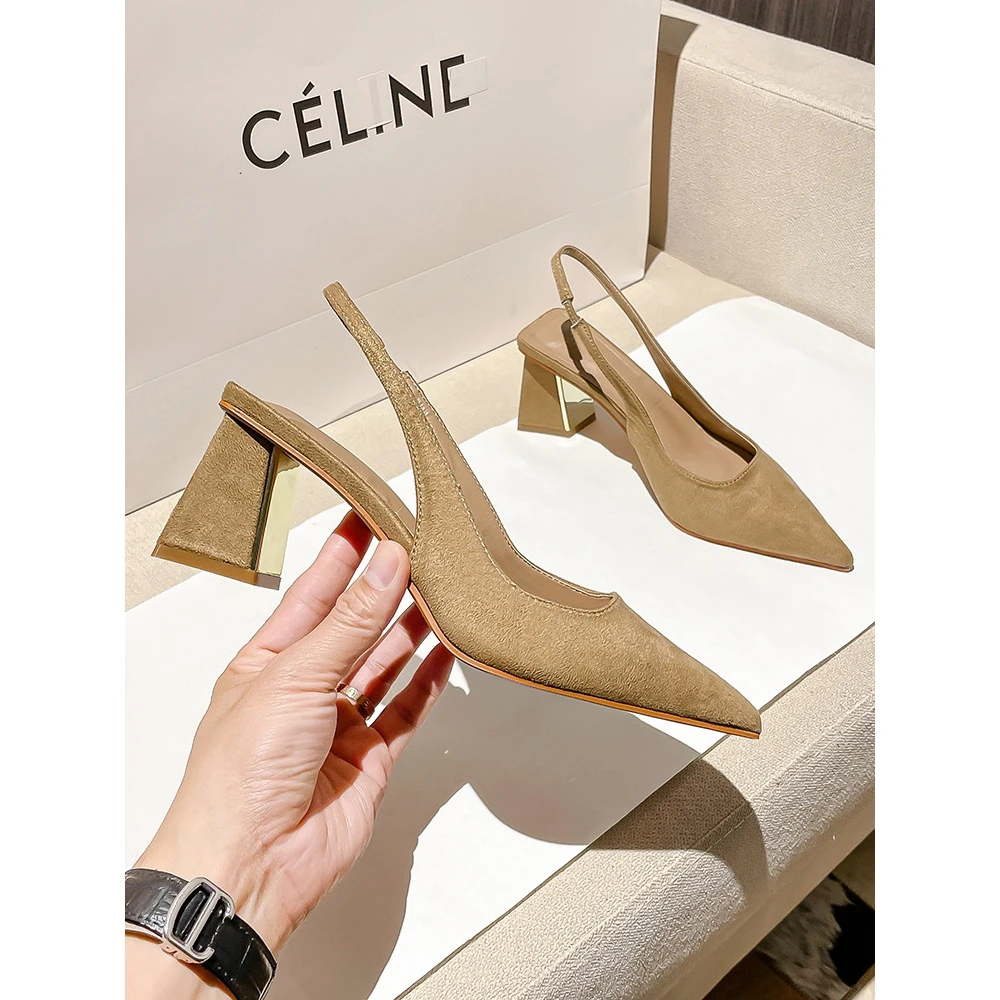 尖头显瘦绒面高跟单鞋女气质2024新款春夏粗跟简约包头凉鞋一字带