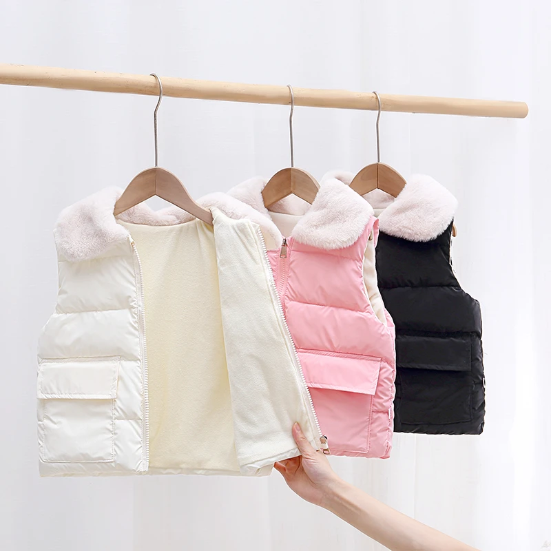 儿童秋冬新款棉马甲男女宝宝加绒短款纯色毛领保暖外穿背心洋气