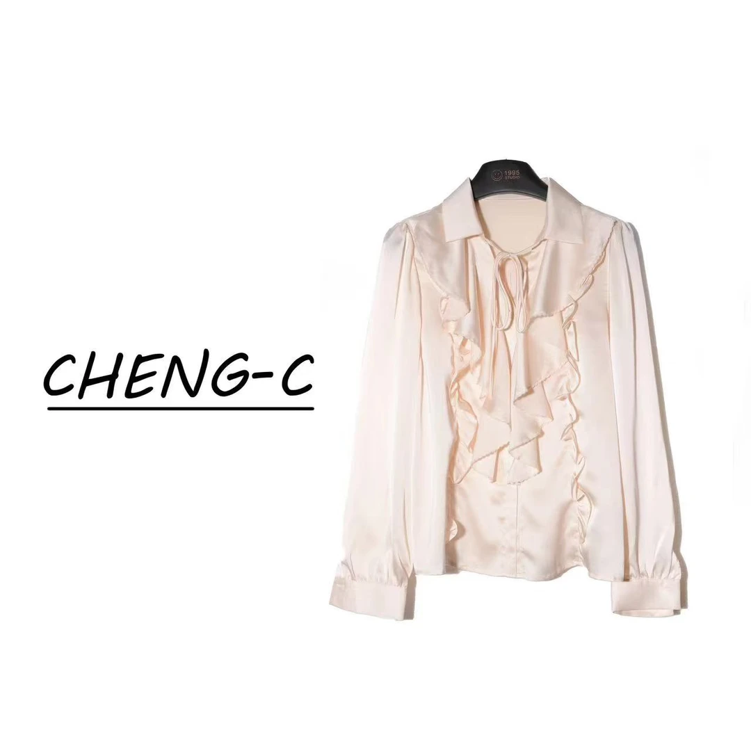 2024春秋新款法式V领荷叶边衬衫女灯笼袖长袖衬衣气质上衣