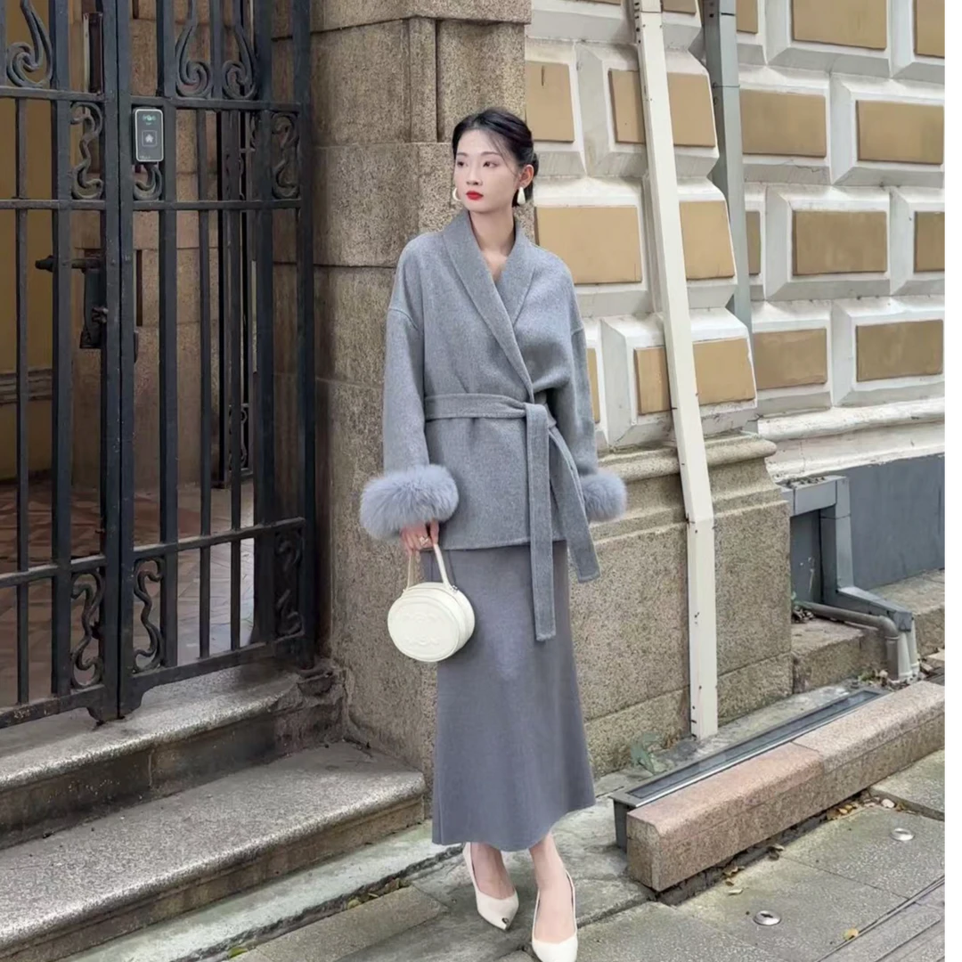 高端双面羊绒秋冬时尚套装羊毛两件套保暖百搭显瘦气质套装冬季