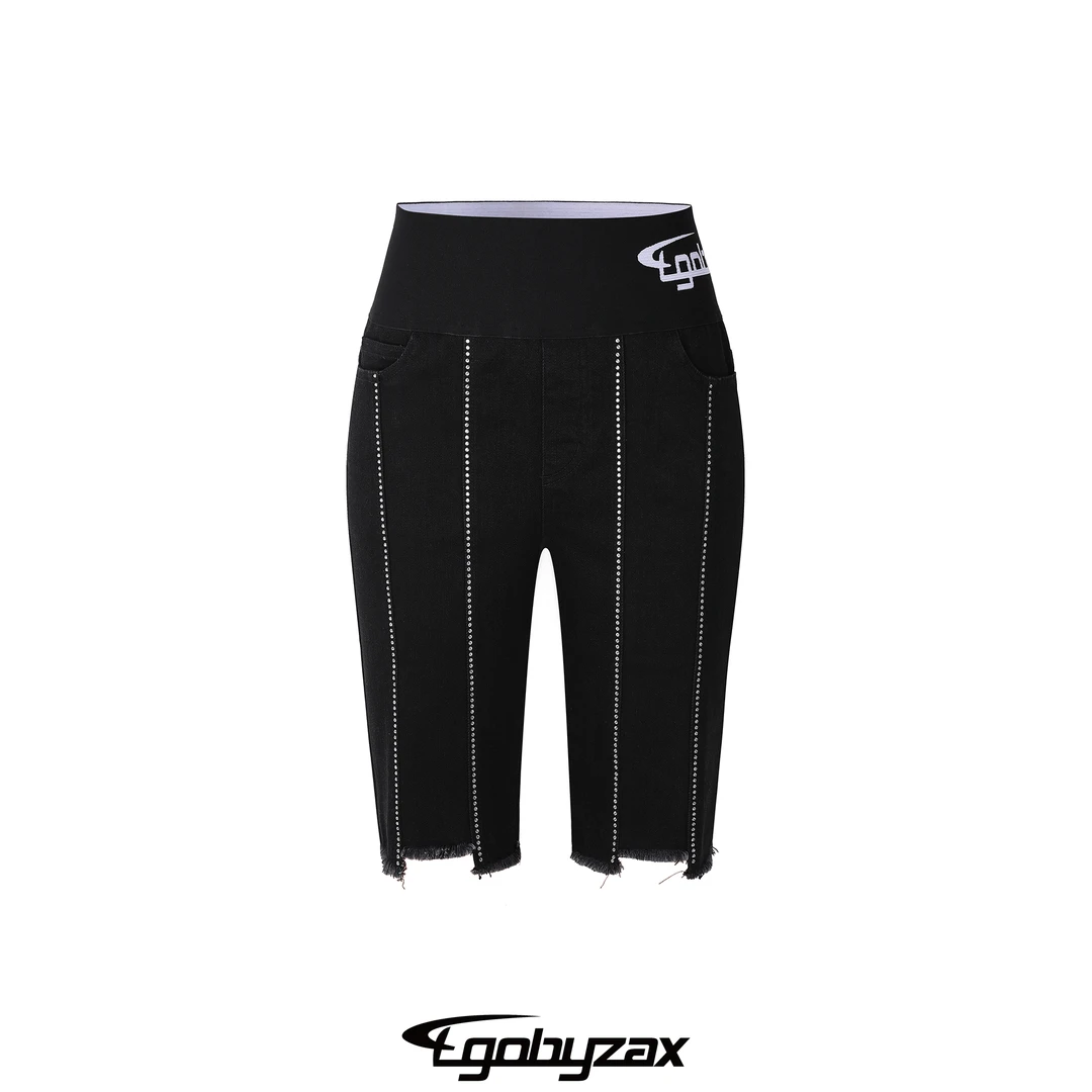 【左岸潇推荐】EGO-SPORT牛仔钻饰磨毛高腰松紧中裤