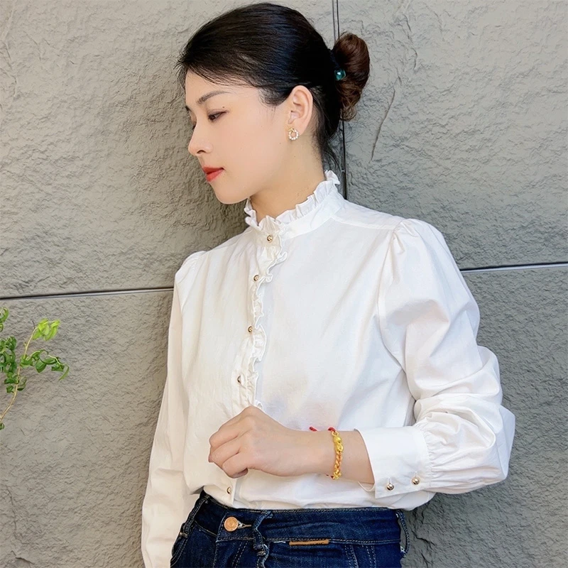 徐-CS1085长袖百搭法式文艺设计感木耳花边领衬衫小众宽松
