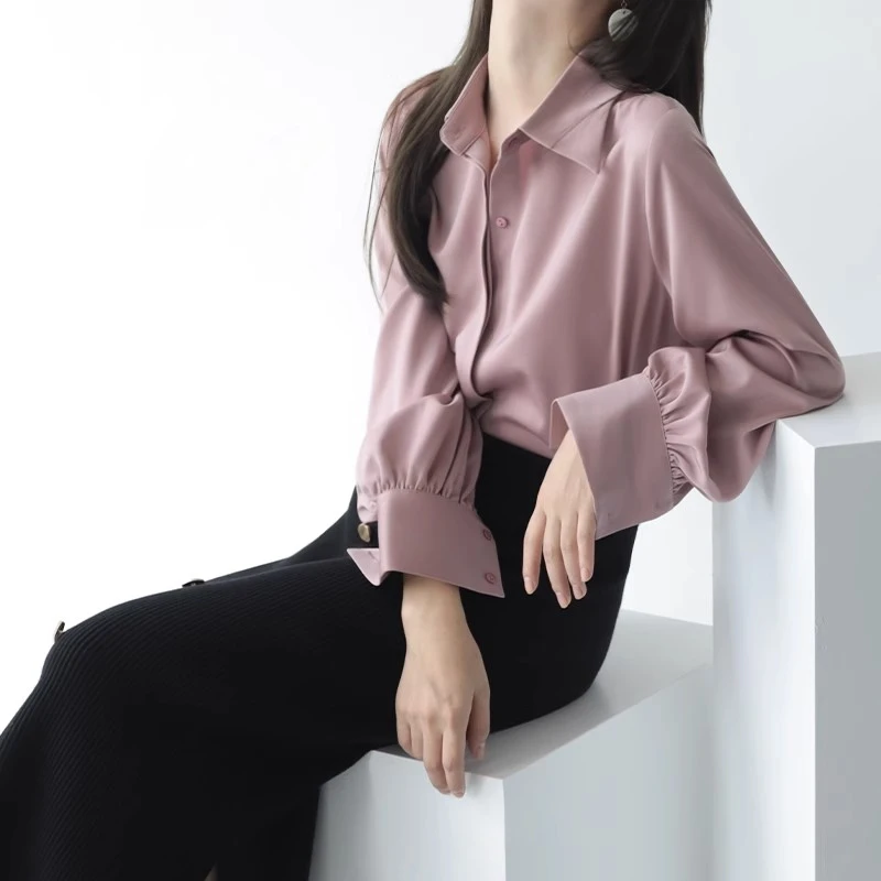 CS1012秋季新款时尚气质绝美百搭洋气纯色衬衫光泽缎面衬衣