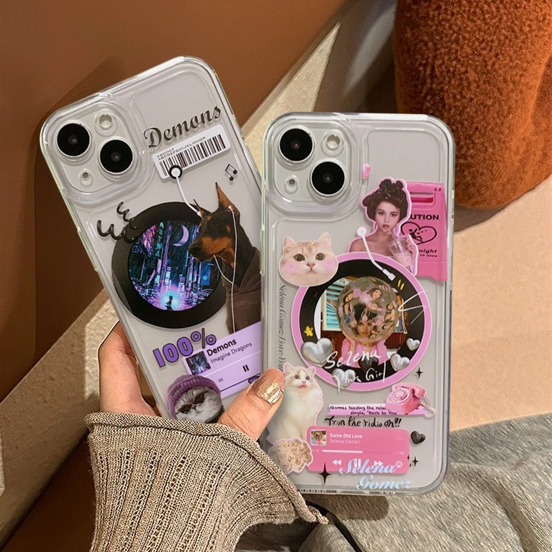 苹果ins小众创意音乐唱片情侣款透明彩绘手机壳日韩网红潮牌新款