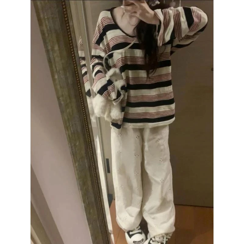 （默认微瑕）蕾丝镂空直筒高腰白色休闲裤